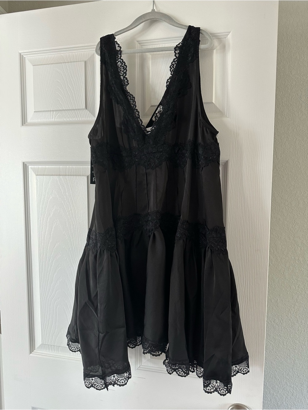 NWT Free People In This Groove Mini Slip Dress Washed Black Lace Trim medium